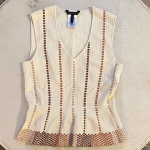 BCBGMaxAzria Cream Peplum Top Brown Stripes Cinched Waist Sleeveless - Large